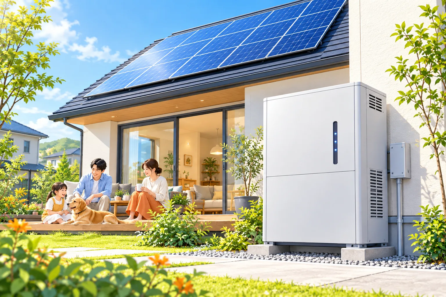 太陽光パネルと家庭用蓄電池のイラスト