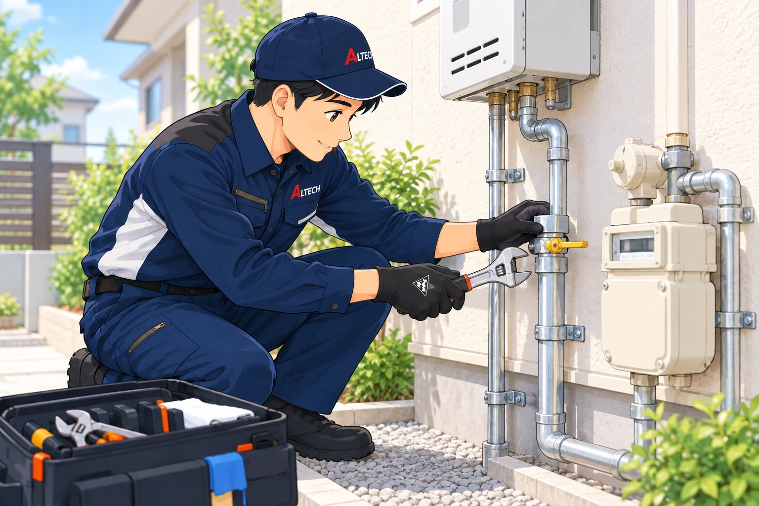 アルテックの制服と帽子を着用したスタッフが住宅の都市ガス配管を点検するイラスト
