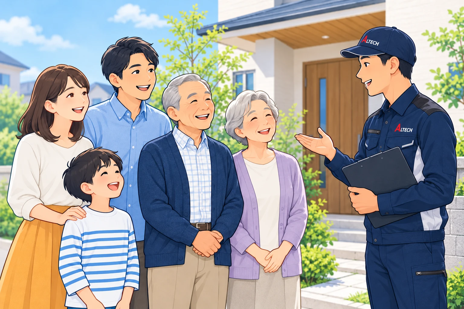 世代を問わず暮らしを支える相談員と家族のイラスト