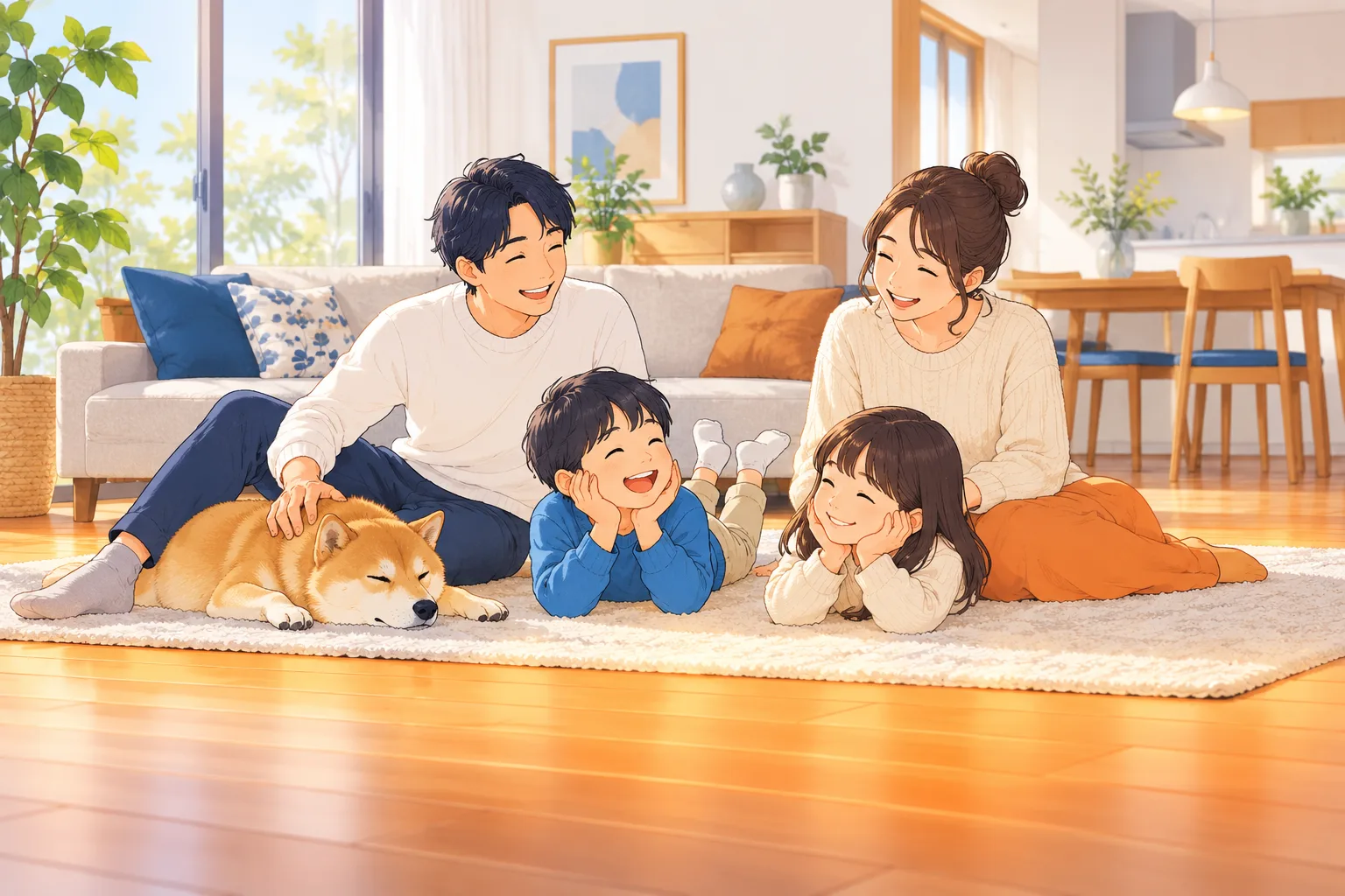 暖かいリビングでくつろぐ家族のイラスト