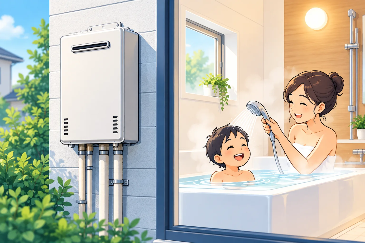 給湯器と快適な浴室のイラスト