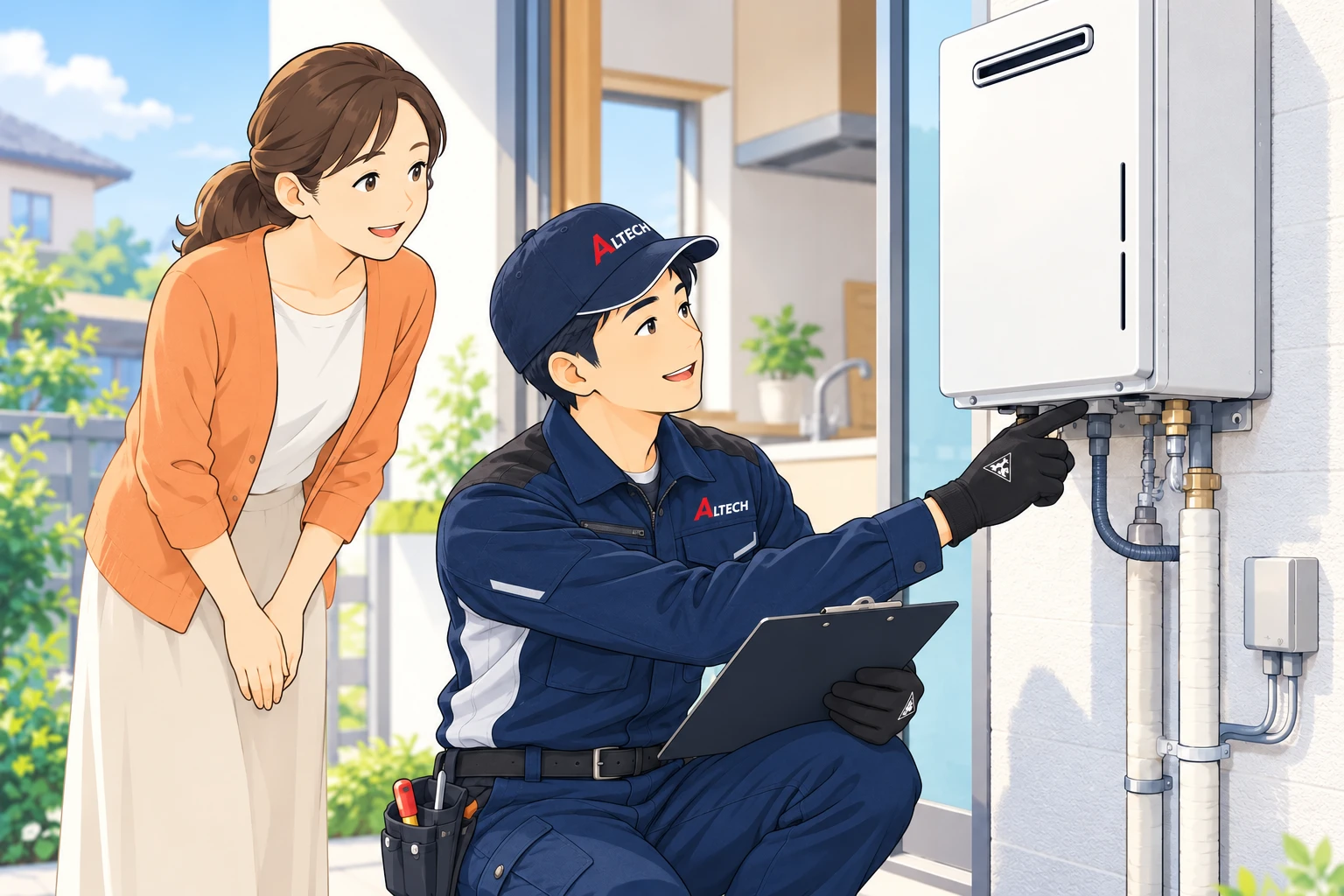 お客さま宅で住宅設備を確認する作業員のイラスト