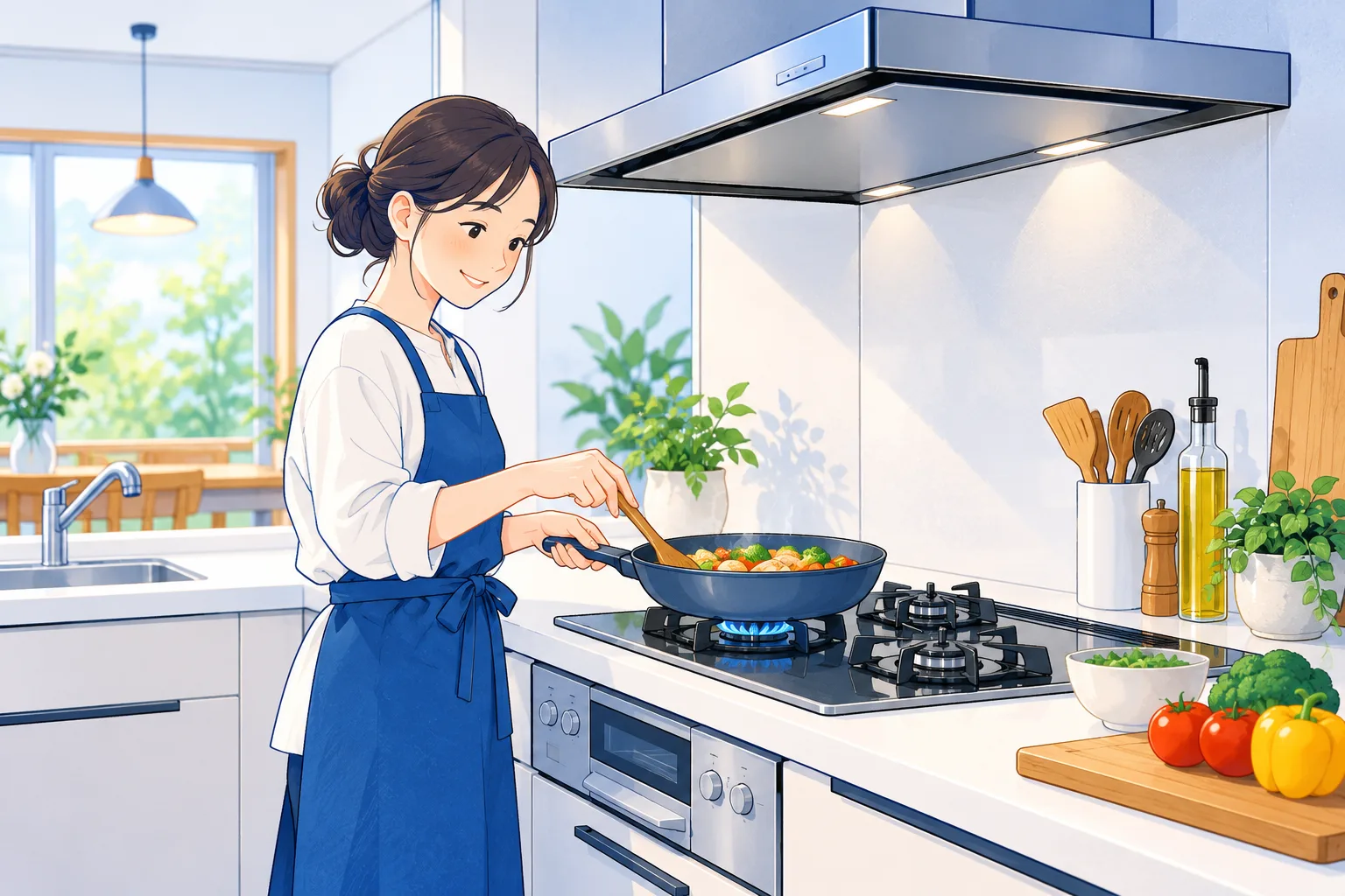 ビルトインコンロとレンジフードのあるキッチンのイラスト