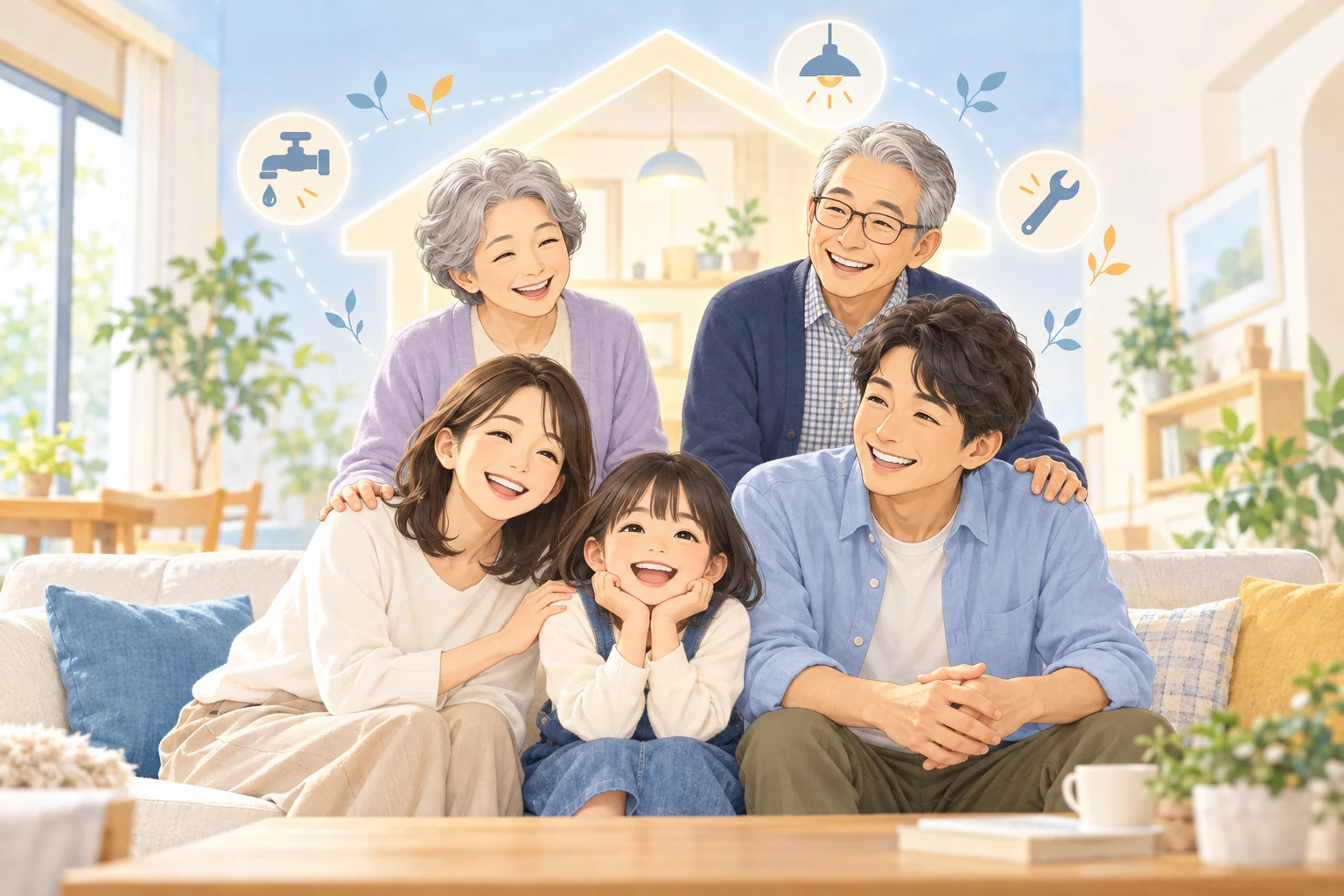 水まわりや住まいのサポートに支えられ、笑顔で暮らす三世代の家族のイラスト