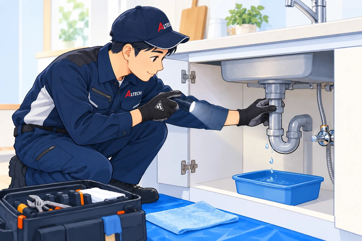 シンク下の水漏れを点検する作業員のイラスト