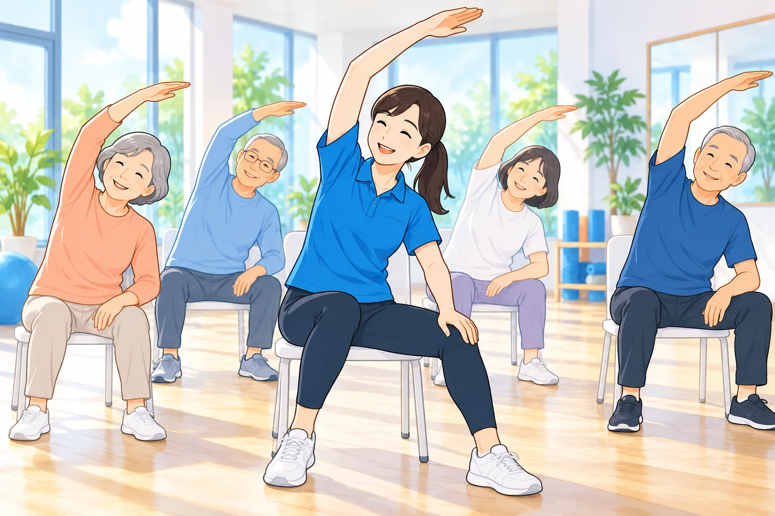健康スタジオで無理なく運動する大人と高齢者のイラスト